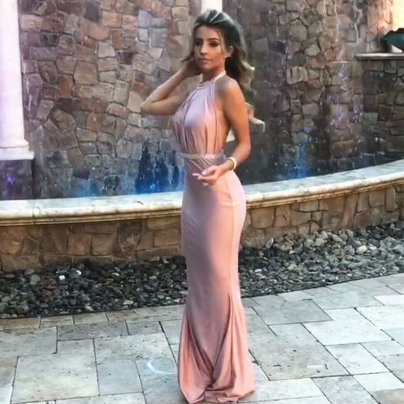 Mermaid Halter Backless Court Train Pink Elastic Satin Prom Dress with Beading