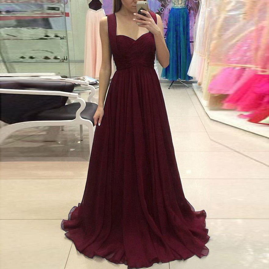 A-Line Straps Floor-Length Maroon Chiffon Ruched Prom Dress