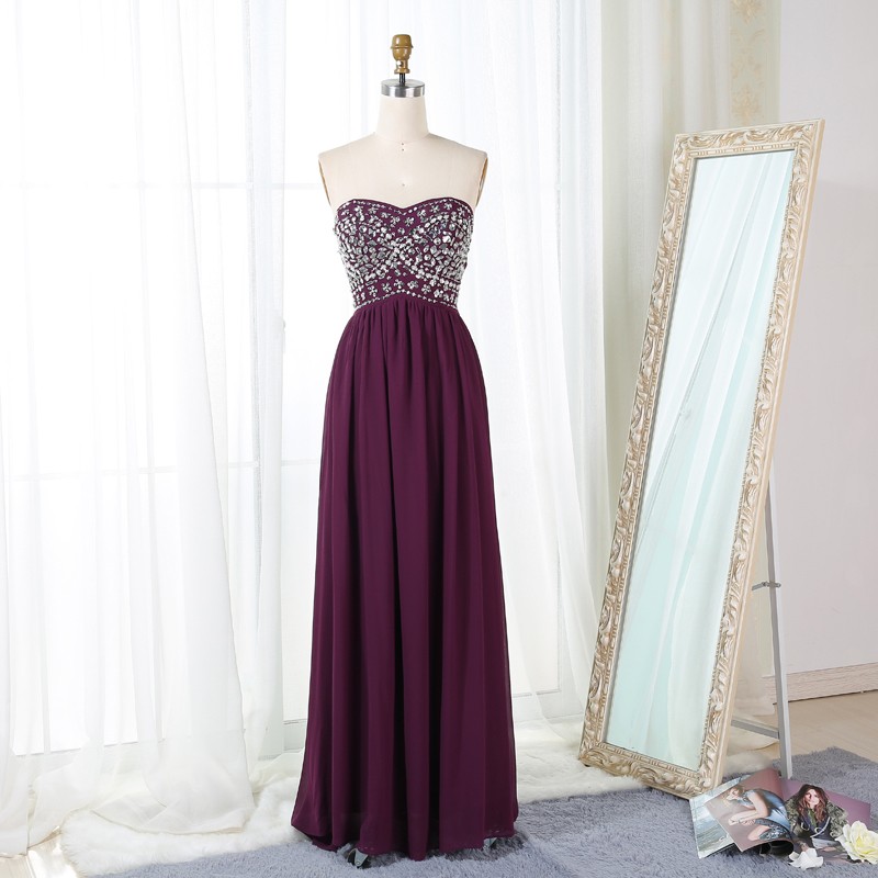 A-Line Sweetheart Floor-Length Grape Beaded Chiffon Prom Bridesmaid Dress