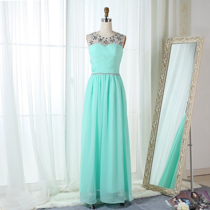 A-Line Bateau Mint Green Chiffon Prom Bridesmaid Dress with Beading