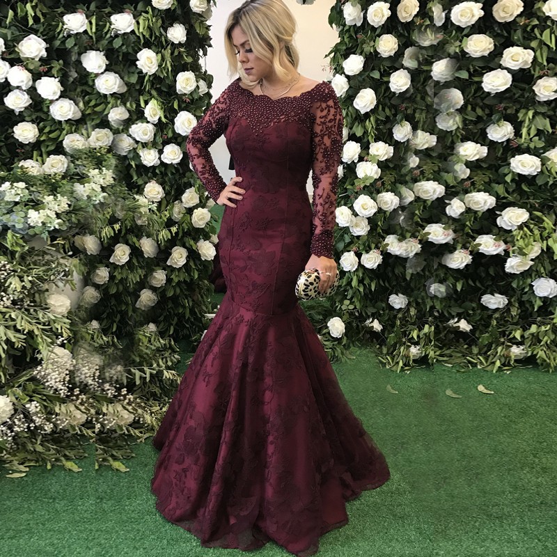 Mermaid Off-the-Shoulder Long Sleeves Burgundy Prom Dress with Lace Beading