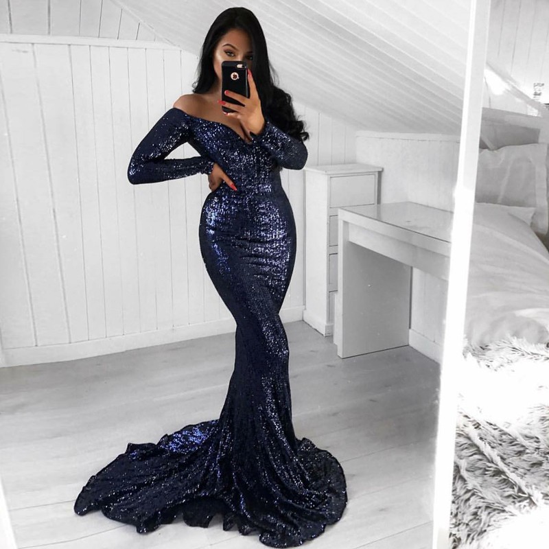 Mermaid Off-the-Shoulder Long Sleeves Sweep Train Sequined Prom Dress