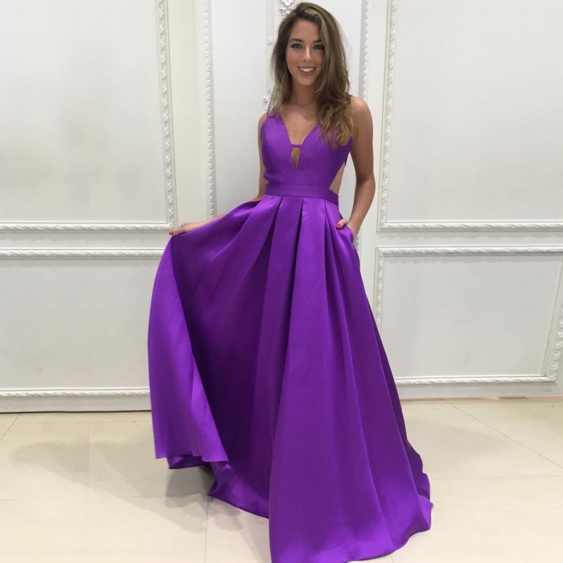 A-Line Deep V-Neck Backless Purple Satin Prom Dress with Pockets