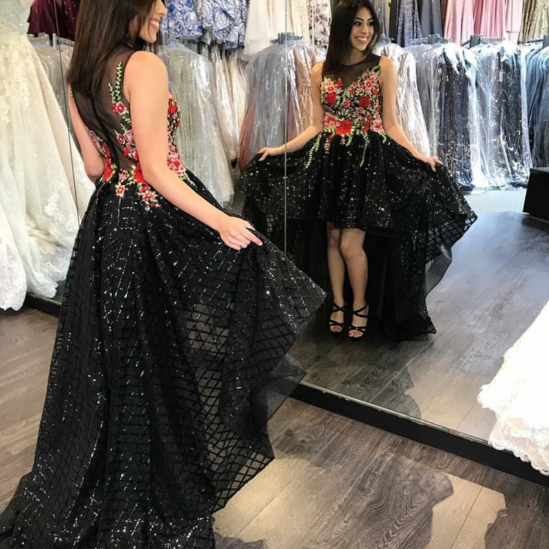 A-Line Round Neck High Low Black Lace Prom Dress with Embroidery