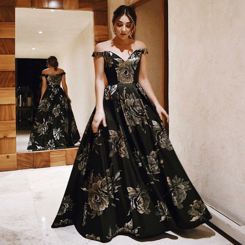 A-Line Off-the-Shoulder Floor-Length Black Floral Satin Prom Dress