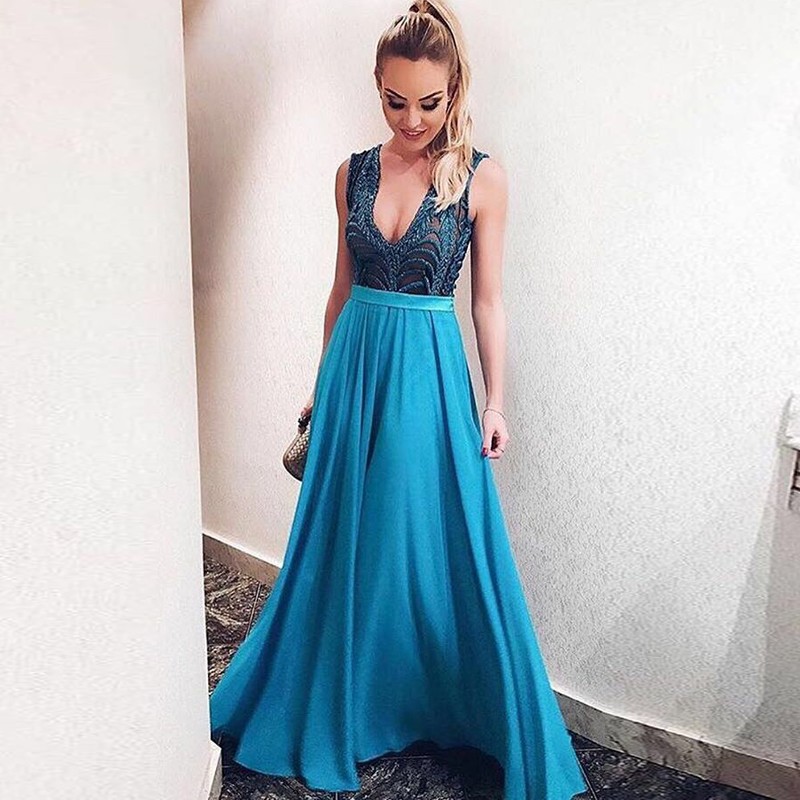 A-Line Scoop Backless Floor-Length Blue Prom Dress with Lace Bowknot