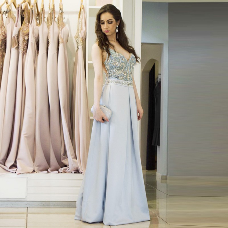 A-Line V-Neck Backless Floor-Length Blue Satin Prom Dress with Beading