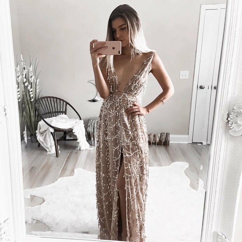 A-Line Deep Train Backless Floor-Length Champagne Lace Prom Dress