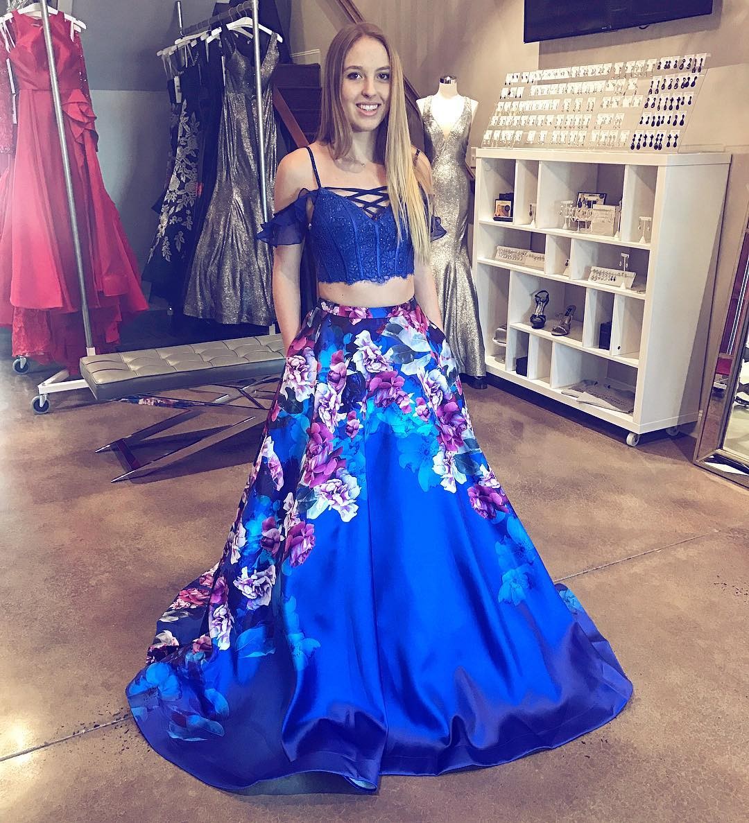 Two Piece Spaghetti Straps Sweep Train Royal Blue Floral Prom Dress with Pockets