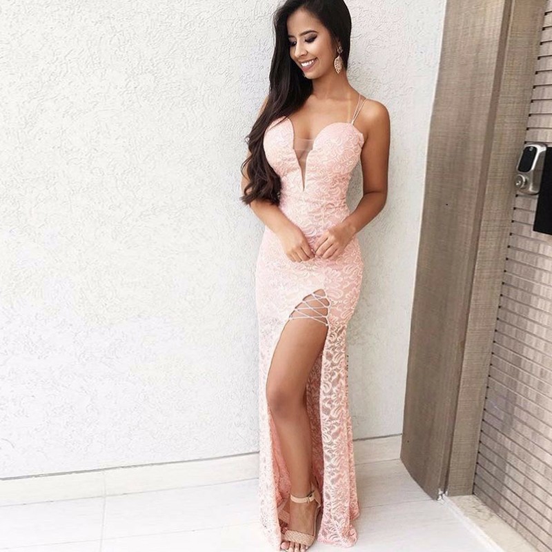 Sheath Spaghetti Straps Floor-Length Pink Lace Prom Dress with Split