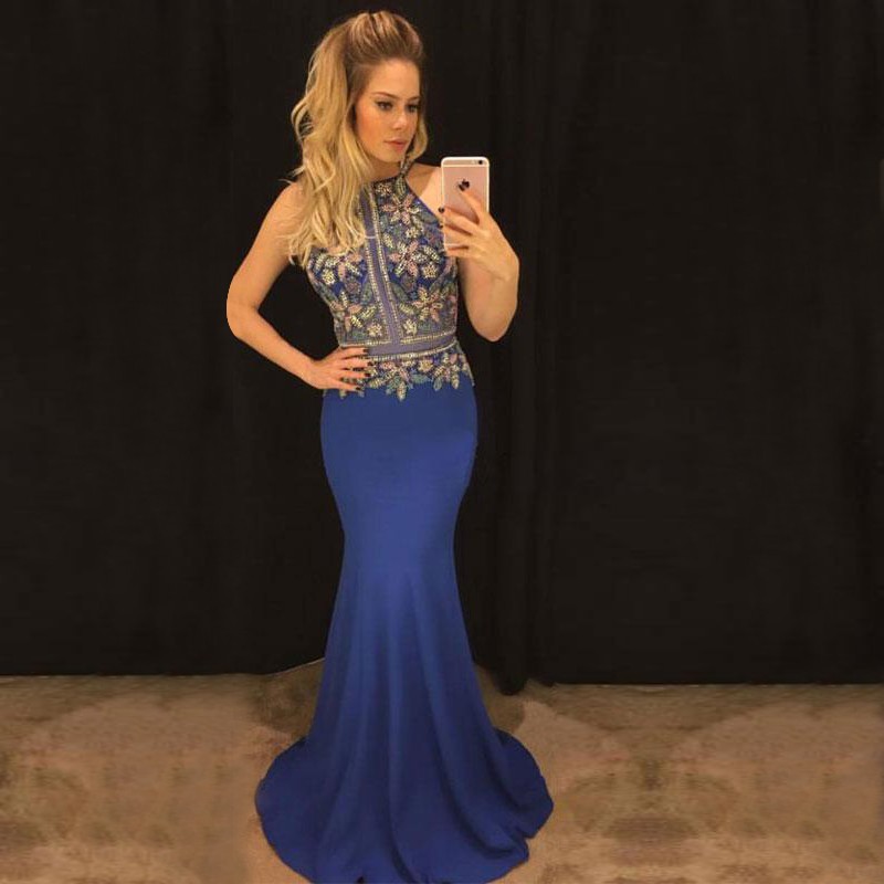 Mermaid Jewel Sleeveless Sweep Train Dark Blue Prom Dress with Appliques