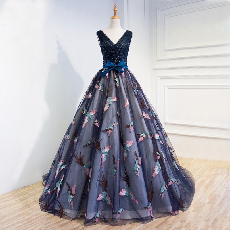 A-Line V-Neck Sweep Train Dark Blue Prom Dress with Appliques Beading