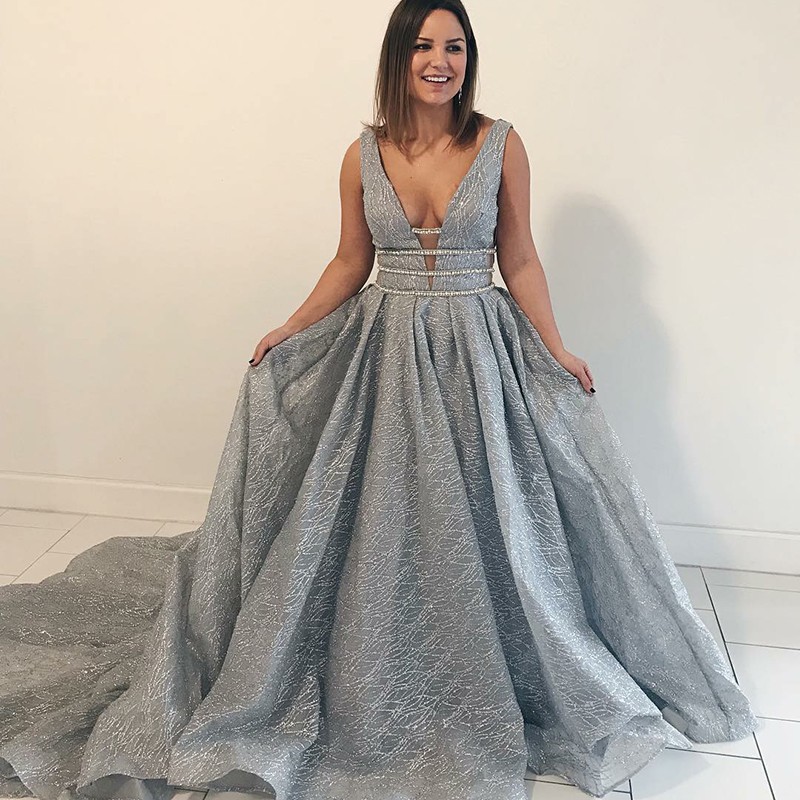 A-Line V-Neck Court Train Grey Lace Prom Dress with Beading