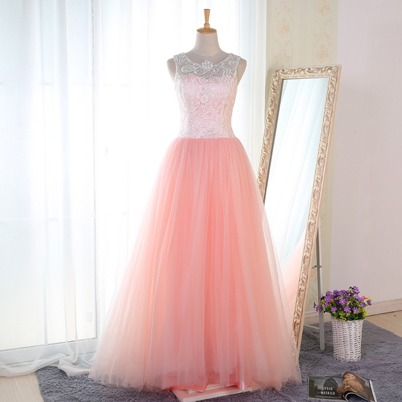 A-Line Round Neck Floor-Length Pink Tulle Prom Dress with Lace
