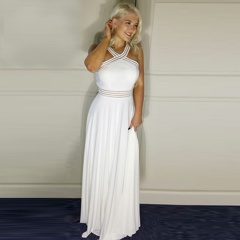 A-Line Cross Neck Floor-Length White Prom Dress with Sequins