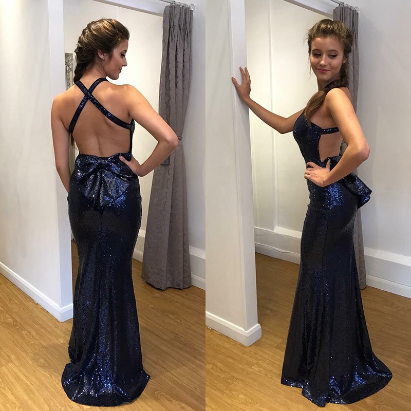 Mermaid Spaghetti Straps Sweep Train Navy Blue Sequined Prom Dress with Ruffles