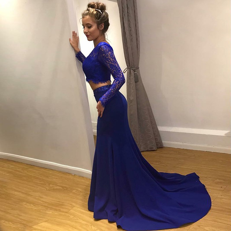 Two Piece Bateau Long Sleeves Sweep Train Royal Blue Prom Dress with Lace