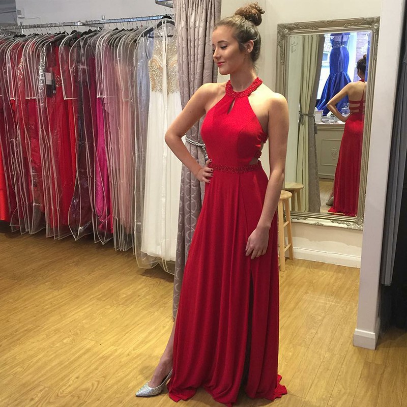 A-Line Jewel Floor-Length Red Chiffon Prom Dress with Beading Keyhole
