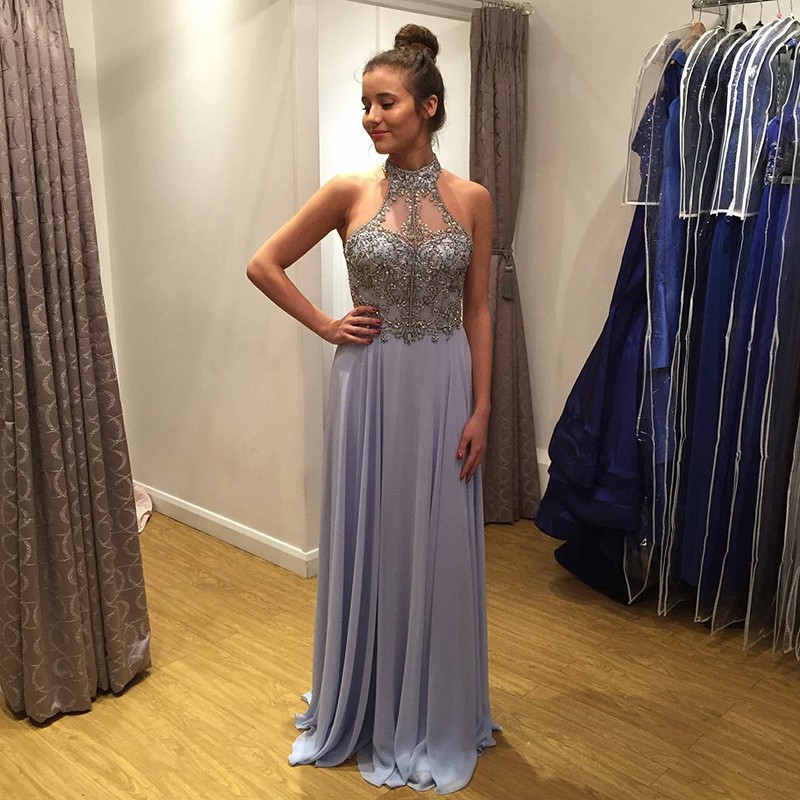 A-Line High Neck Backless Floor-Length Blue Prom Dress with Beading