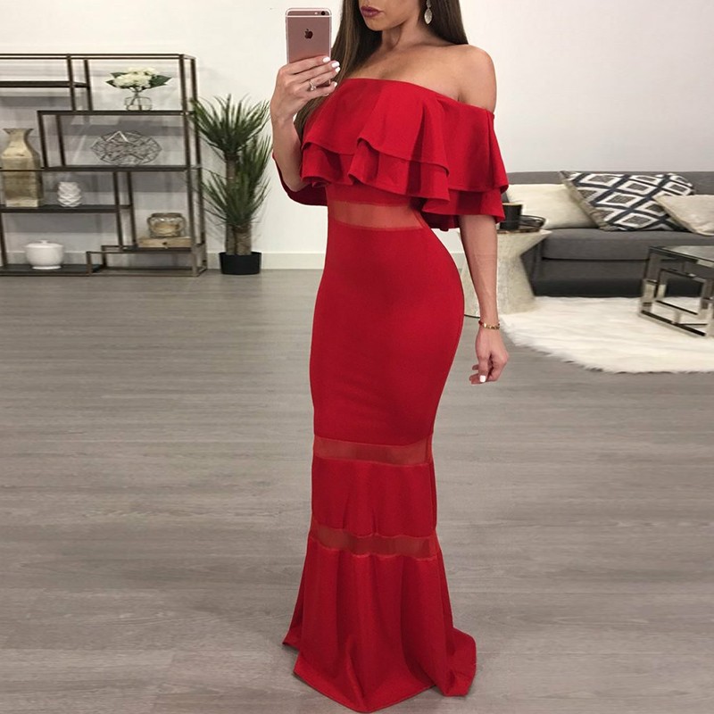 Mermaid Off-the-Shoulder Floor-Length Red Prom Dress with Ruffles