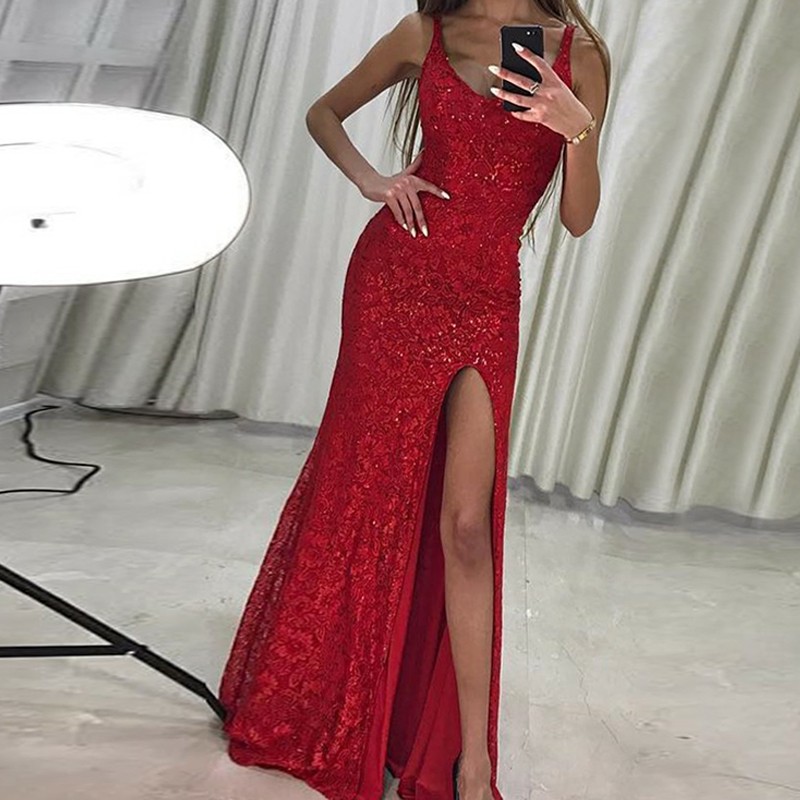 Mermaid Scoop Floor-Length Red Lace Prom Dress with Sequins Split