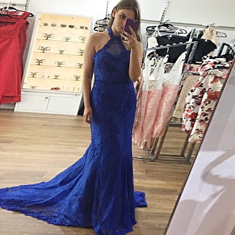 Mermaid Halter Backless Sweep Train Royal Blue Prom Dress with Appliques