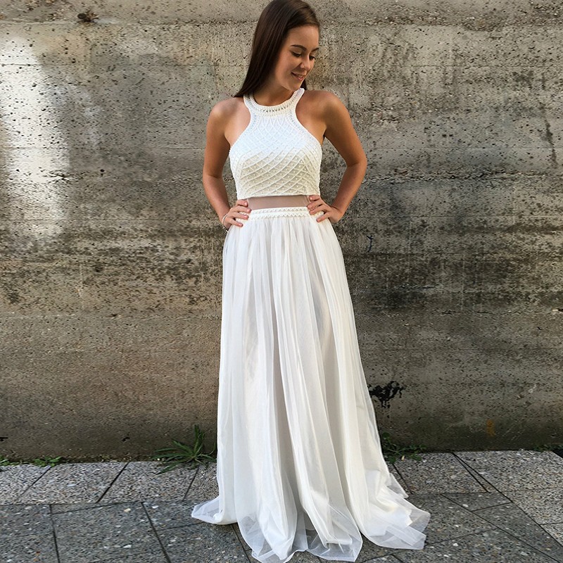 Two Piece Jewel Open Back Floor-Length White Prom Dress with Beading