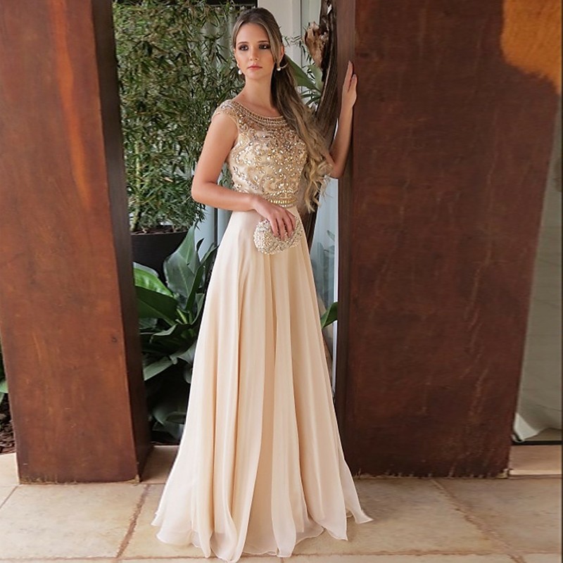 A-Line Round Neck Floor-Length Light Champagne Prom Dress with Beading