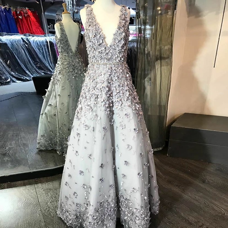 A-Line Deep V-Neck Floor-Length Grey Prom Dress with Appliques
