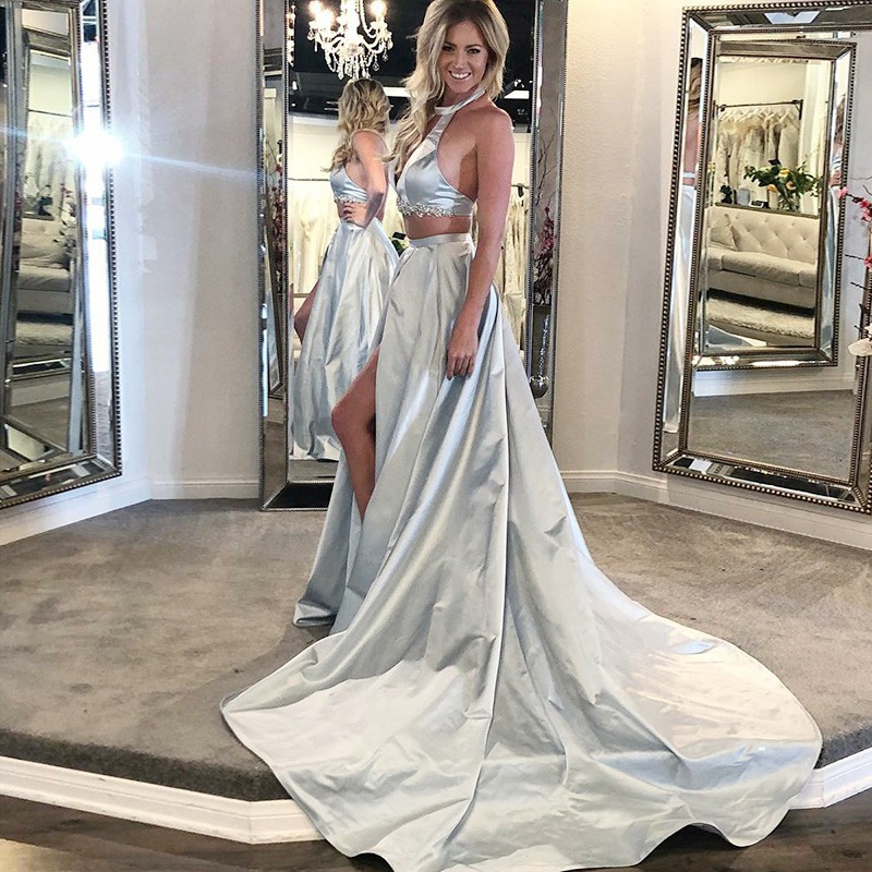 Two Piece Halter Backless Light Blue Satin Prom Dress with Keyhole