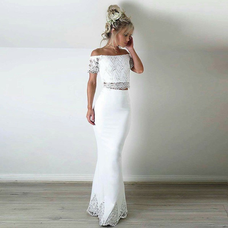 Two Piece Off-the-Shoulder Short Sleeves White Prom Dress with Lace