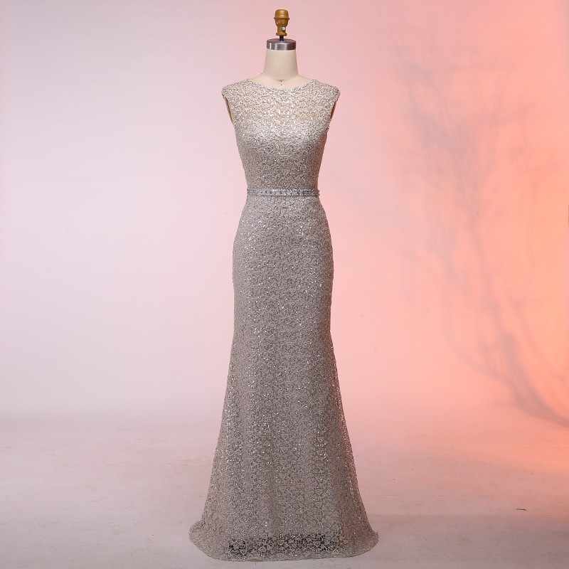 Mermaid Round Neck Floor-Length Champagne Lace Prom Dress