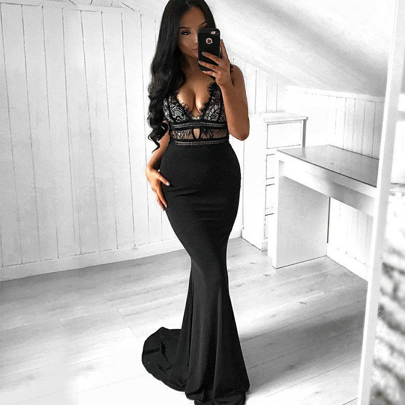 Mermaid V-Neck Sweep Train Black Prom Dress with Lace Sequins
