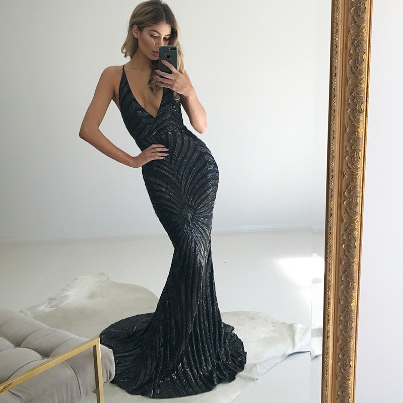 Mermaid Spaghetti Strap Backless Sweep Train Black Sequined Prom Dress