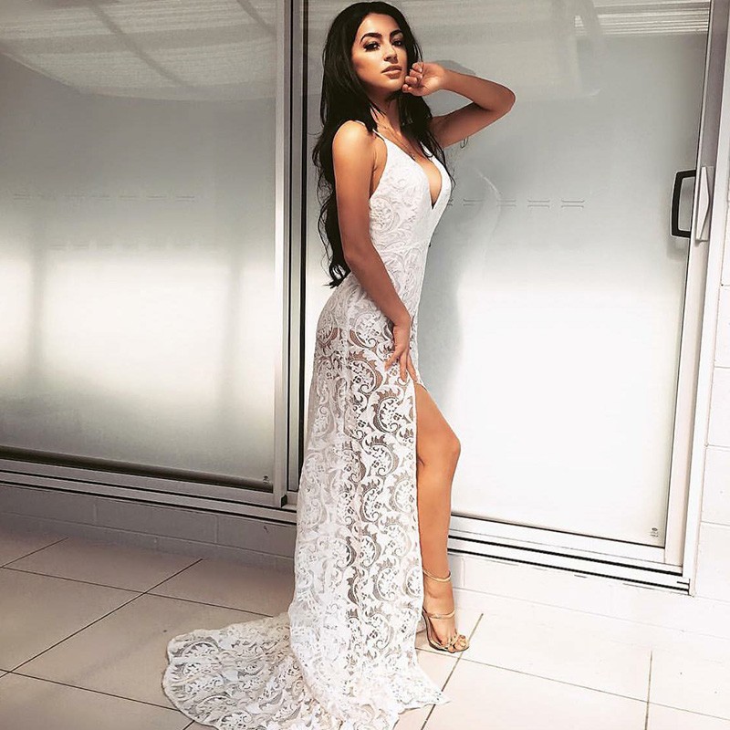A-Line Spaghetti Straps Backless Sweep Train White Lace Prom Dress