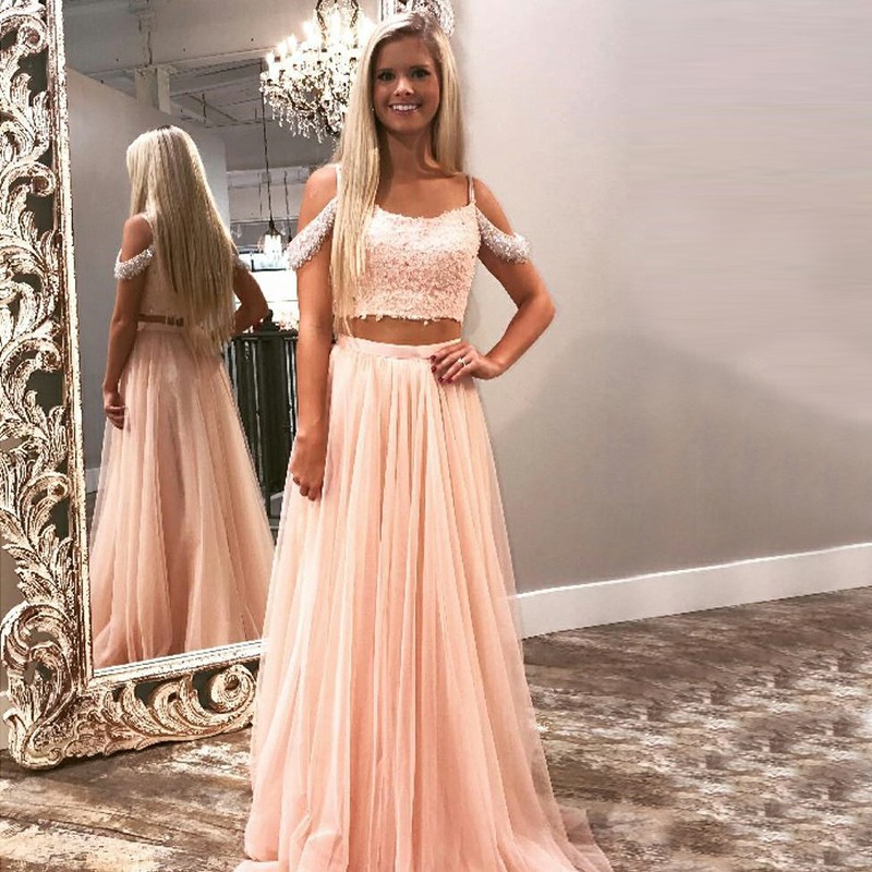 Two Piece Spaghetti Straps Pink Long Prom Dress with Beading Apliques