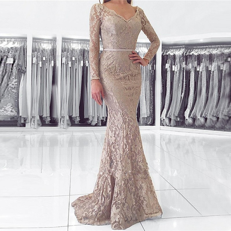Mermaid V-Neck Backless Long Sleeves Light Champagne Lace Prom Dress