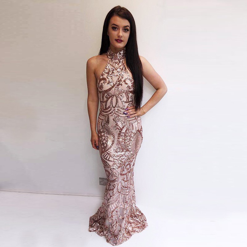 Mermaid High Neck Backless Champagne Sequined Prom Dress