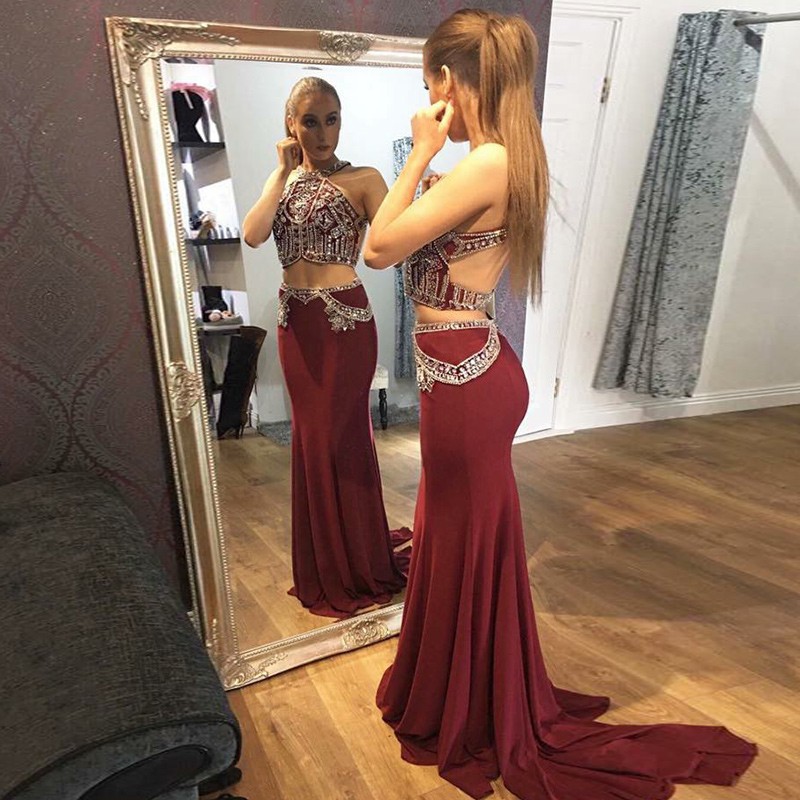Two Piece Round Neck Open Back Sweep Train Burgundy Prom Dress with Beading