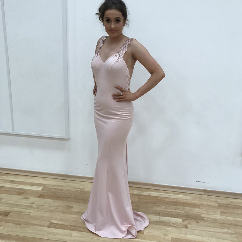 Mermaid Straps Backless Sweep Train Pink Prom Dress with Bowknot