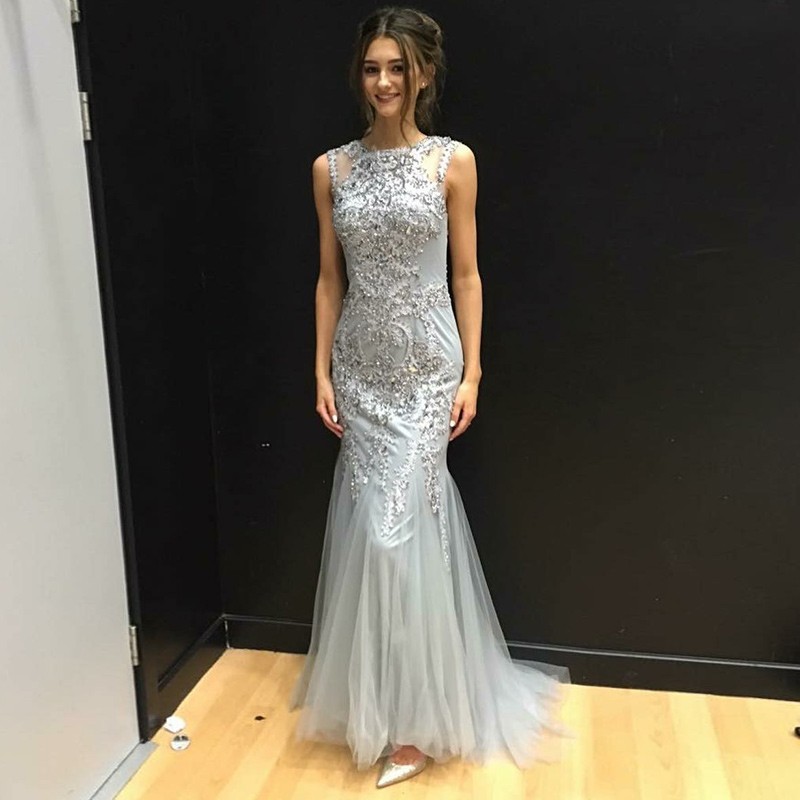Mermaid Round Neck Sweep Train Silver Prom Dress with Appliques Beading