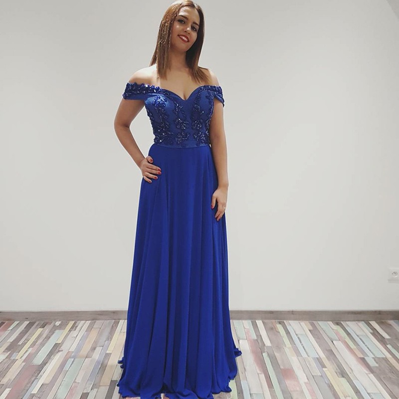 A-Line Off-the-Shoulder Floor-Length Royal Blue Chiffon Prom Dress with Beading
