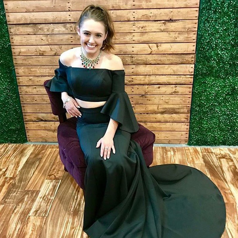 Two Piece Off-the-Shoulder Flare Sleeves Sweep Train Dark Green Prom Dress