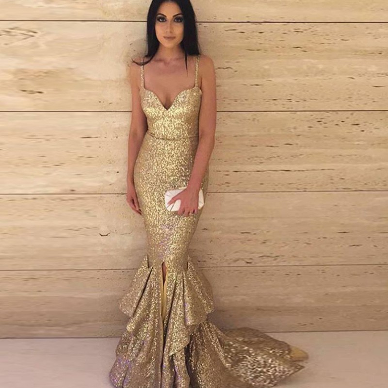 Mermaid Spaghetti Straps Sweep Train Gold Sequined Prom Dress