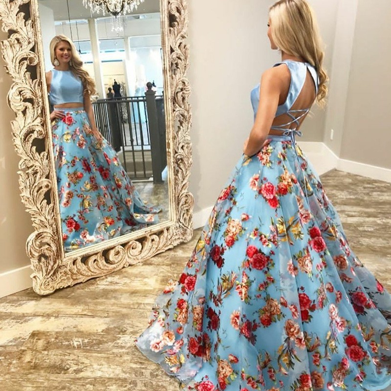 Two Piece Round Neck Sweep Train Blue Floral Organza Prom Dress