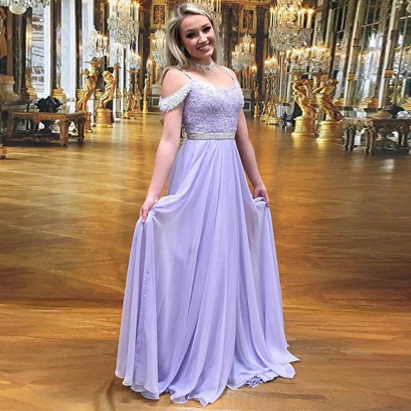 A-Line Spaghetti Straps Cold Shoulder Lavender Prom Dress with Beading