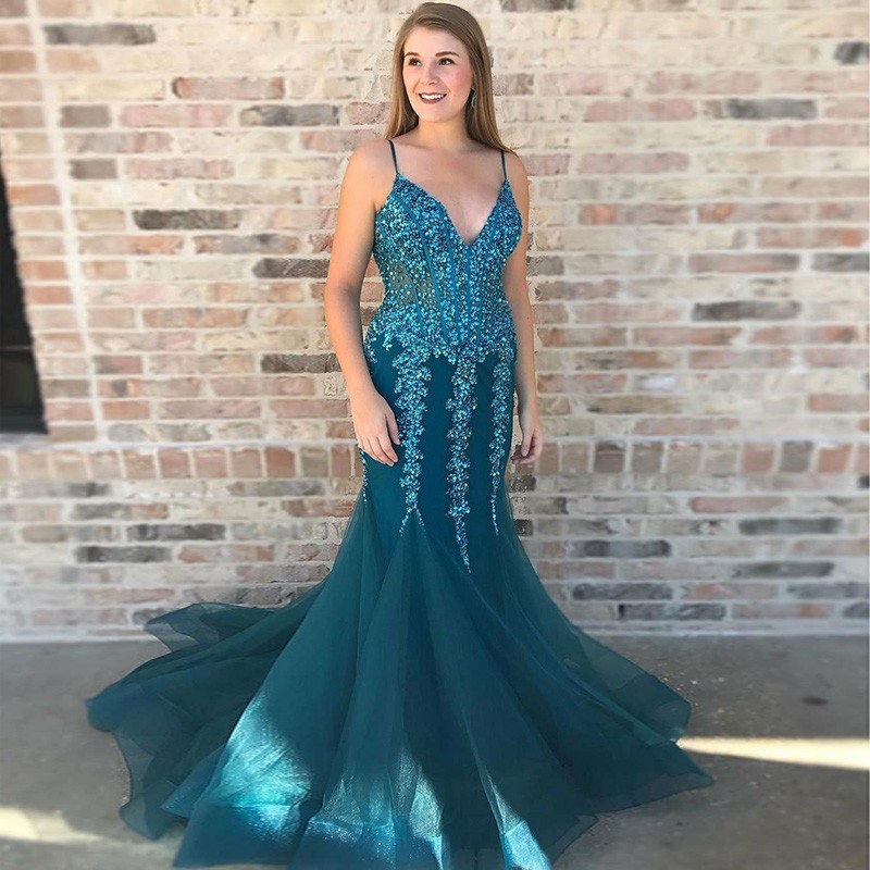 Mermaid Spaghetti Straps Turquoise Prom Dress with Appliques Sequins