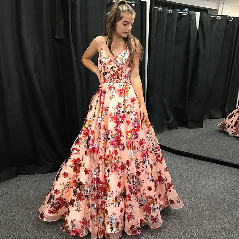 A-Line Spaghetti Straps Floor-Length Coral Floral Prom Dress