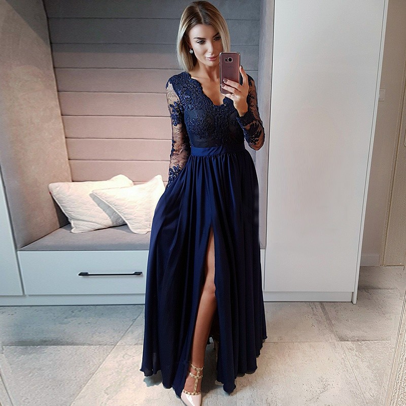 A-Line V-Neck Long Sleeves Navy Blue Prom Dress with Appliques
