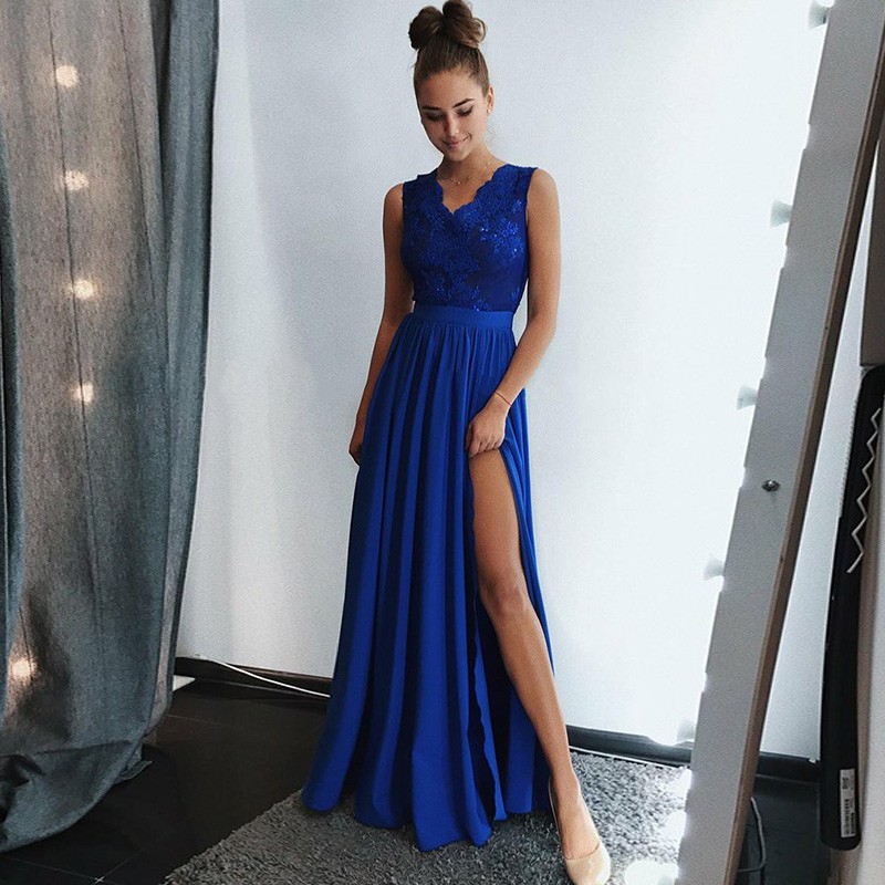 A-Line V-Neck Floor-Length Royal Blue Prom Dress with Appliques